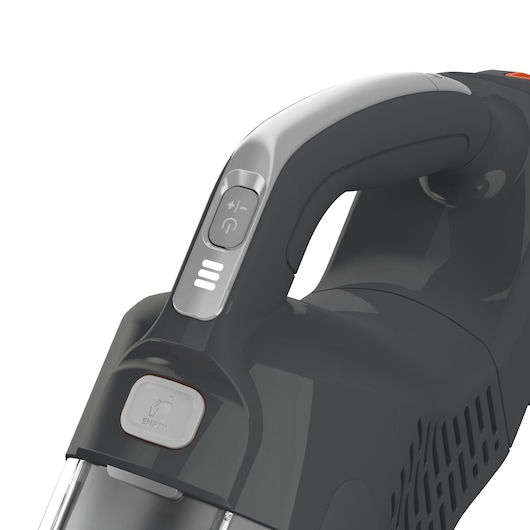 BLACK+DECKER BHFEA18D1 handheld vacuum cleaner close-up, showing handle with control buttons and dustbin release.