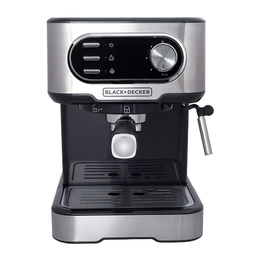 BLACK+DECKER CE1100G espresso coffee machine with stainless steel front panel, steam wand, and control buttons, front view.