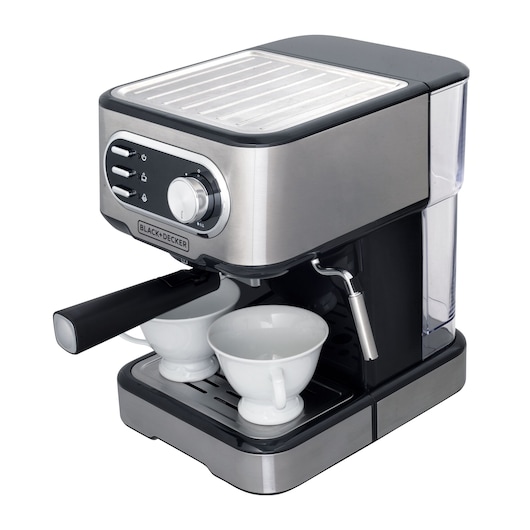 BLACK+DECKER CE1100G espresso machine in stainless steel with portafilter, two white cups, angled view on white.