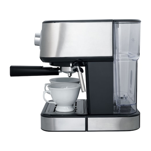 BLACKDECKER CE1100G espresso machine side view with stainless steel finish, two white cups on drip tray.