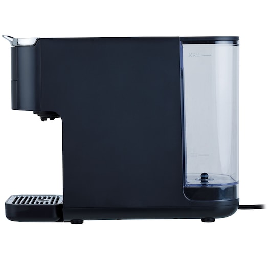 Photo of BLACKDECKER CEA1150G black coffee maker side view on white background, clear water tank visible.