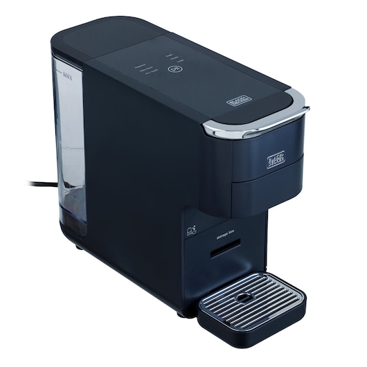 BLACKDECKER CEA1150G single-serve coffee maker, black, side view on white background.