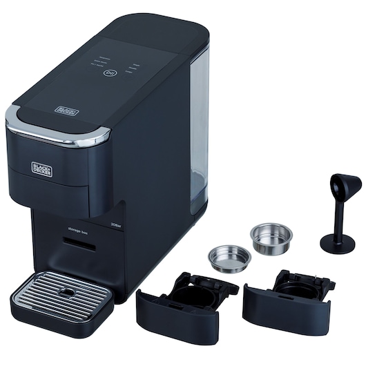 BLACKDECKER CEA1150G black espresso machine with detachable parts, accessories, and water tank, front angle.
