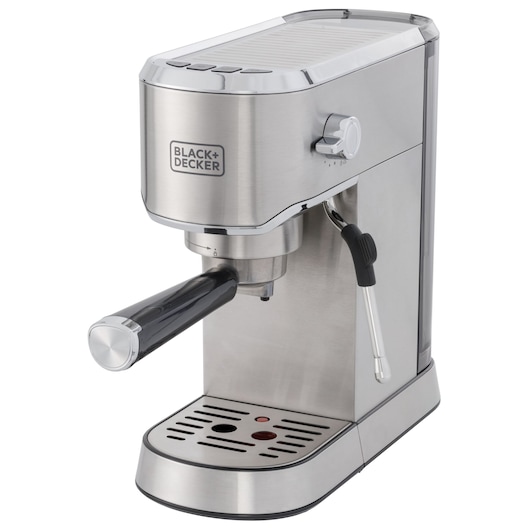 Photo of BLACK+DECKER CEA1200G stainless steel espresso machine, angled view showing portafilter and steam wand.
