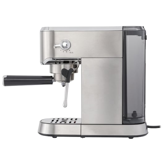 BLACKDECKER CEA1200G stainless steel espresso machine, side view on white background.