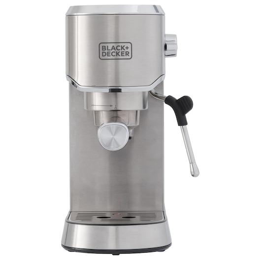Photo of BLACK+DECKER CEA1200G stainless steel espresso machine, front angle, modern design.
