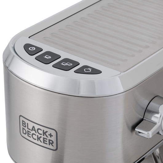 BLACKDECKER CEA1200G espresso machine close-up, brushed stainless steel body, control buttons, white background.