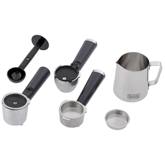 BLACK+DECKER CEA1200G coffee machine accessories set, portafilters, scoop, and milk jug, top angle.