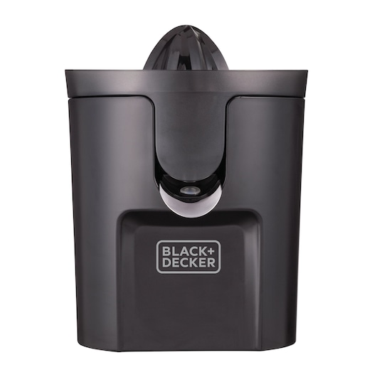 Front view photo of BLACK+DECKER CJ1000 black electric citrus juicer with spout and logo on the body.