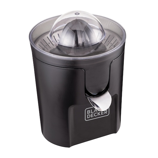 BLACK+DECKER CJ1000 black electric citrus juicer with transparent lid, front spout, studio angle.
