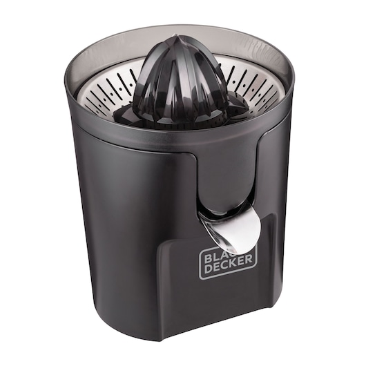 BLACKDECKER CJ1000 electric citrus juicer, black, with metal spout, front angle on white background.