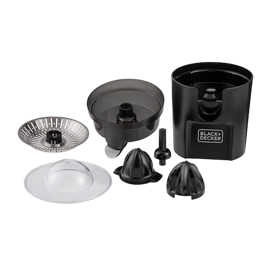BLACK+DECKER CJ1000 citrus juicer components in black and clear plastic, product parts shown on white background.