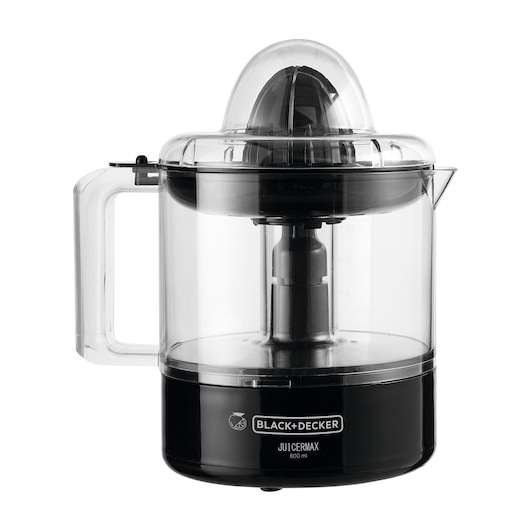 BLACK+DECKER CJ700 electric citrus juicer with transparent container and black base, side handle, front angle.