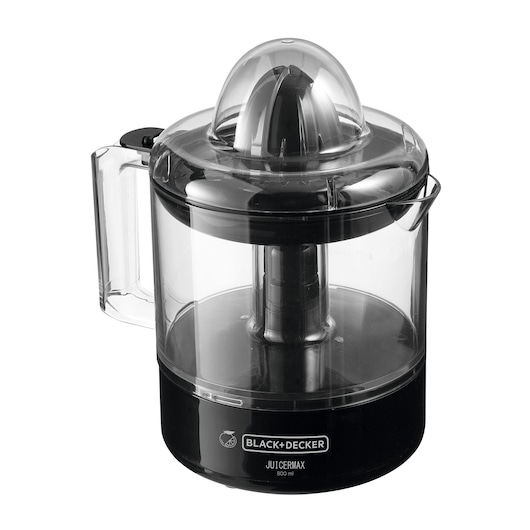 BLACK+DECKER CJ700 electric citrus juicer, black and transparent plastic, side angle, white background.