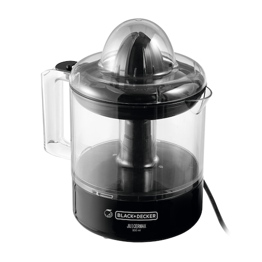 BLACK+DECKER CJ700 electric citrus juicer with clear container, black base, and transparent lid, front angle.