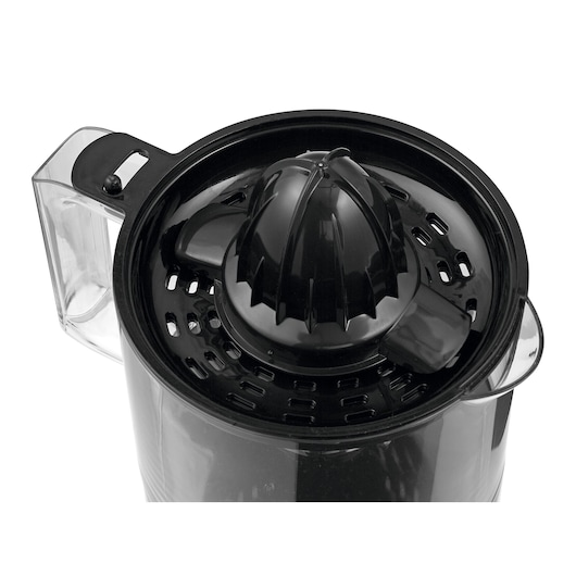 BLACKDECKER CJ700 citrus juicer top view showing black reamer, strainer, and clear handle.