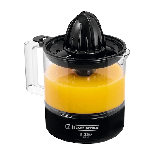 BLACKDECKER CJ700 citrus juicer with black lid, filled with orange juice, side angle, white background.