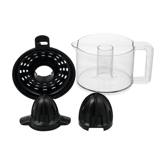 Parts of a Black & Decker citrus juicer, including a transparent plastic pitcher with handle, two black reamer attachments for juicing, and a black strainer lid.