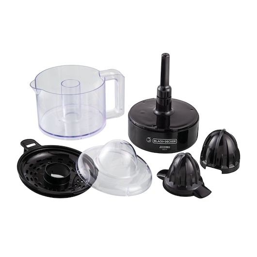 The image shows the disassembled parts of a BLACK+DECKER CJ700 citrus juicer, including the main motor base, a clear plastic juice pitcher with handle, two black cone attachments for different-sized citrus fruits, a strainer, and a transparent lid.
