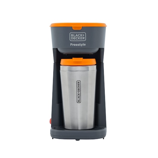 Photo of BLACK+DECKER CM01 single-serve coffee maker with orange accents and stainless steel travel mug, front view.