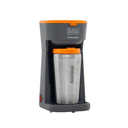 BLACK+DECKER CM01 single-serve coffee maker with orange lid and stainless steel travel mug, front angle.