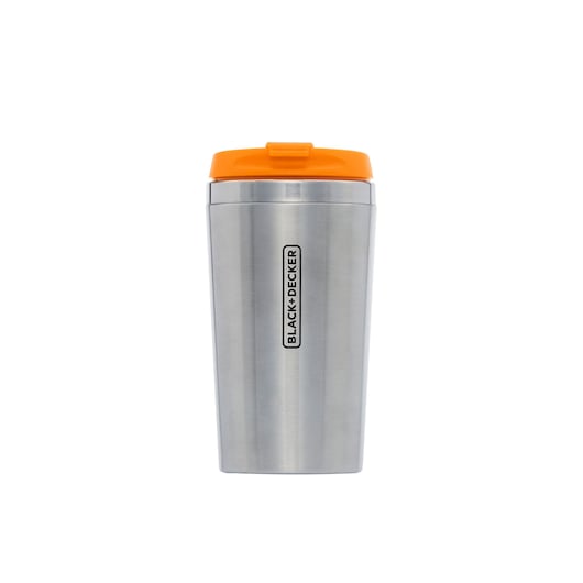 BLACK+DECKER CM01 stainless steel travel mug with orange lid, front view on white background.