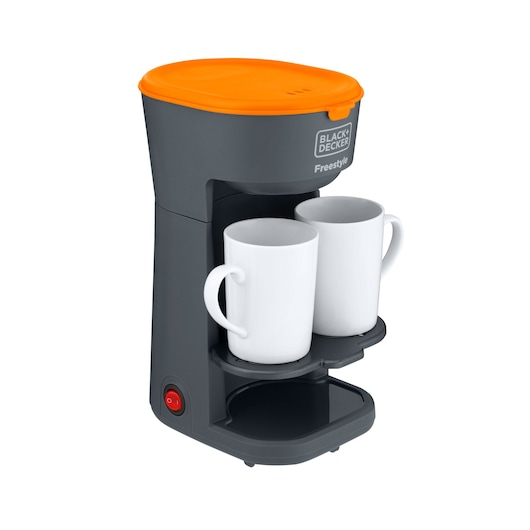 Photo of BLACK+DECKER CM01 coffee maker, black with orange top, two white mugs, front angle, white background.