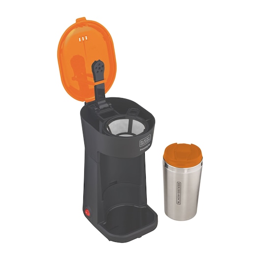 Photo of BLACK+DECKER CM01 single serve coffee maker with open orange lid, metal filter, and stainless steel travel mug.