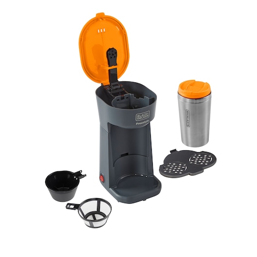 BLACKDECKER CM01 coffee maker set with open lid, reusable filter, scoop, and travel mug, front angle.