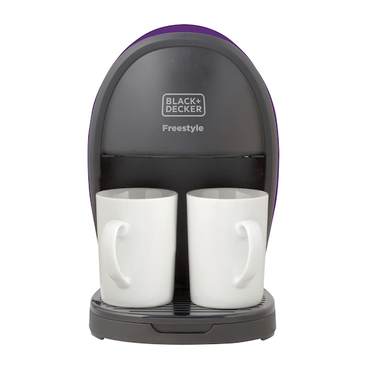 Photo of BLACK+DECKER CM02 coffee maker Freestyle model with two white mugs, front angle on white background.