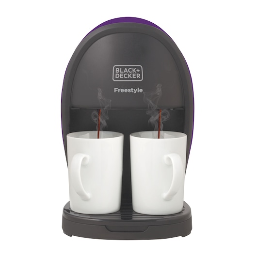BLACK+DECKER CM02 coffee maker front angle with two white mugs and hot coffee pouring.