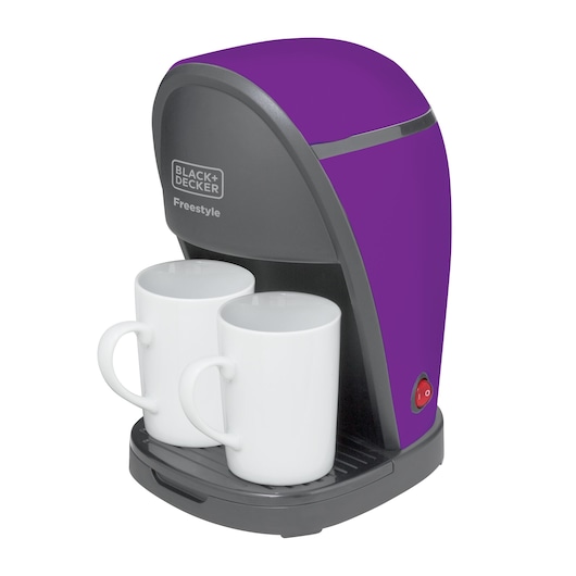 Photo of BLACK+DECKER CM02 purple coffee maker with two white mugs, front angle on white background.