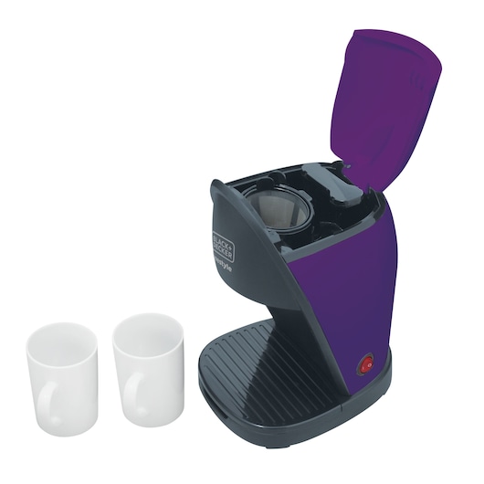 BLACKDECKER CM02 coffee maker with purple body, open lid, and two white mugs on white background, front angle.