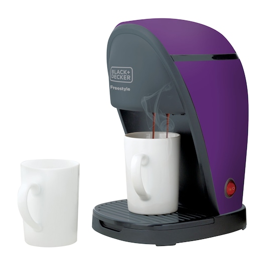BLACK+DECKER CM02 purple single-serve coffee maker side angle with two white mugs.
