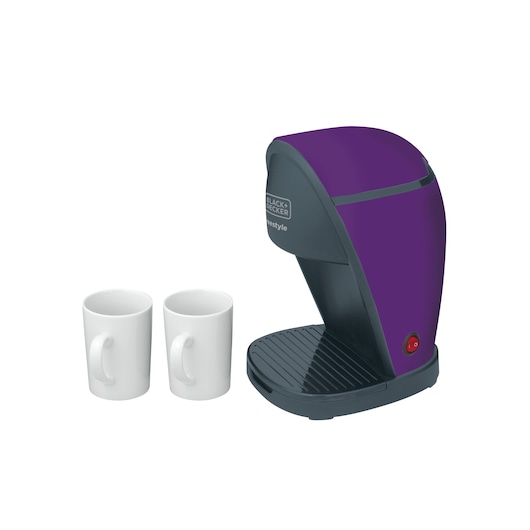 BLACK+DECKER CM02 coffee maker in purple with two white mugs, angled right on white background.