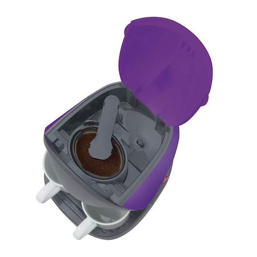 BLACKDECKER CM02 coffee maker with open lid, showing coffee grounds and dual white mugs, top view on white background.