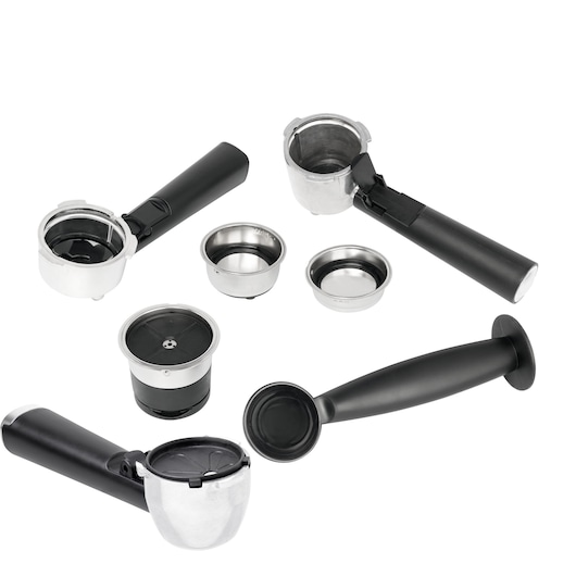 BLACKDECKER CE1100G espresso portafilter and inserts, black handle, multiple angles, white background.