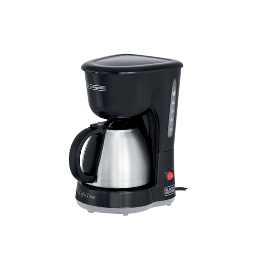 BLACKDECKER CM15 coffee maker front angle, black body with stainless steel carafe, white background.