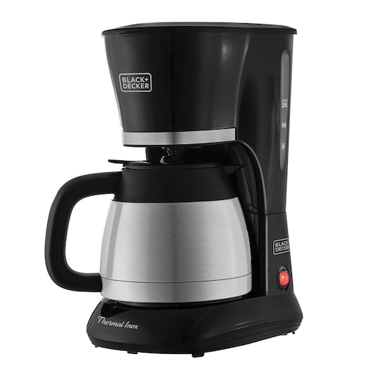 BLACKDECKER CM200I coffee maker, black and silver, side angle, thermal carafe, photographed on white background.