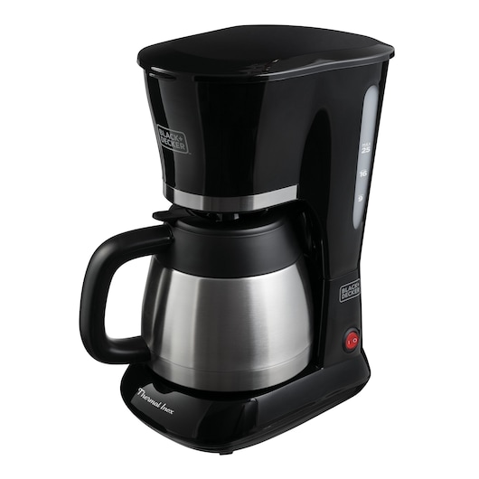 Photo of BLACK+DECKER CM200I coffee maker with stainless steel thermal carafe, black exterior, front angle.
