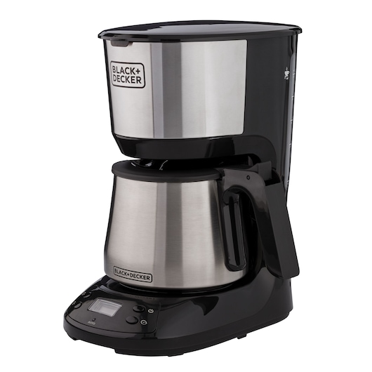 BLACKDECKER CM250P coffee maker, stainless steel and black, programmable control panel, front angle.