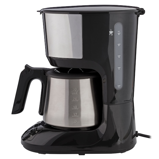 BLACKDECKER CM250P black coffee maker with stainless steel carafe, side angle, measurement markings visible.