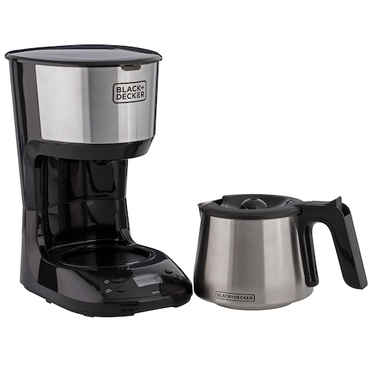 BLACK+DECKER CM250P stainless steel coffee maker with carafe, black and silver finish, side angle, white background.