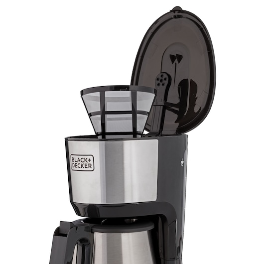Photo of BLACK+DECKER CM250P coffee maker with open lid, showing mesh filter basket, side angle on white background.