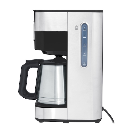 BLACKDECKER CM350G stainless steel coffee maker with glass carafe, side view on white background.