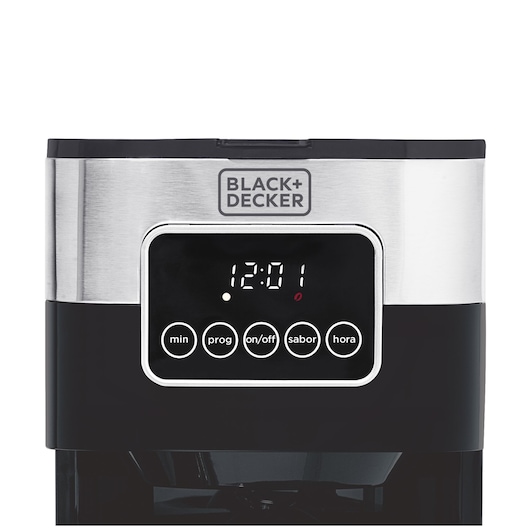 Photo of BLACKDECKER CM350G coffee maker control panel with digital clock, five buttons, silver and black finish, front angle.