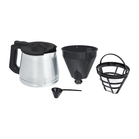 BLACKDECKER CM350G coffee maker parts, including stainless steel carafe, plastic filter basket, filter cone, and coffee scoop, front angle.