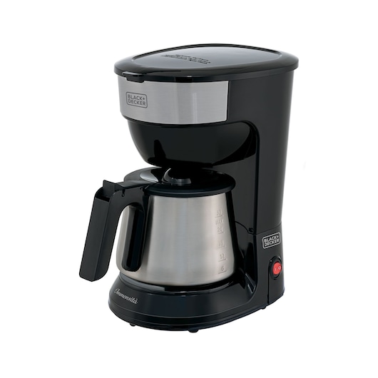 Photo of BLACKDECKER CM38 coffee maker with stainless steel carafe, black and silver, front angle on white background.