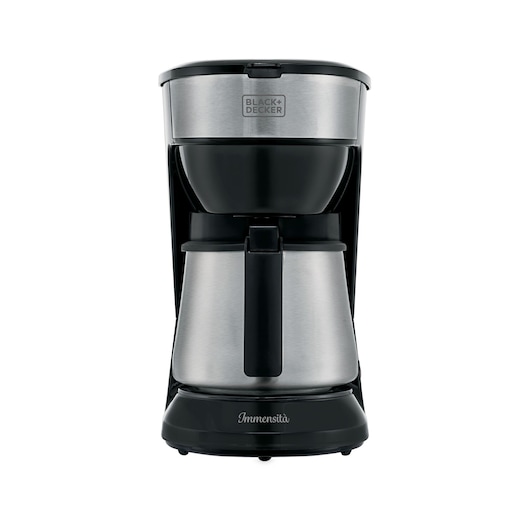 BLACKDECKER CM38 coffee maker with stainless steel carafe, front angle on white background.