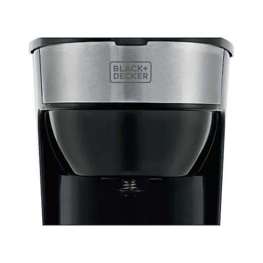 BLACKDECKER CM38 coffee maker front view with stainless steel and black design on white background.